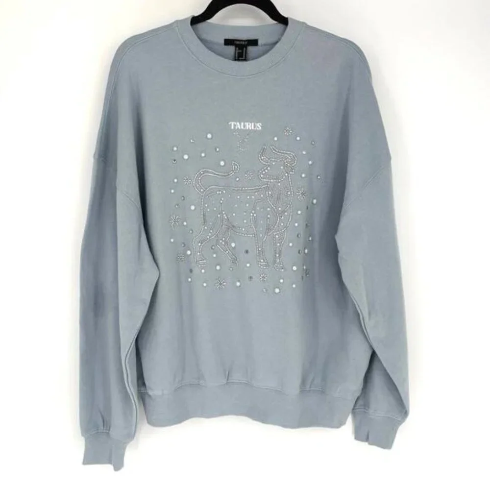 Forever 21 Taurus Zodiac Embroidered Beaded Pearl Oversized Sweater NWT Size M - Picture 2 of 6